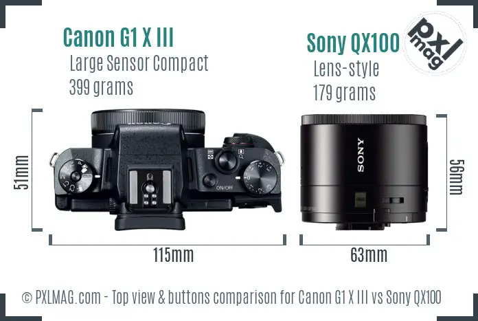 Canon G1 X III vs Sony QX100 top view buttons comparison