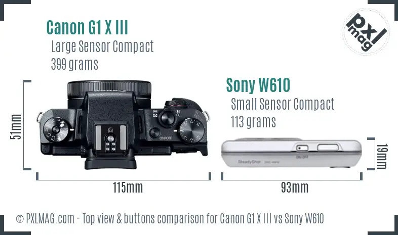 Canon G1 X III vs Sony W610 top view buttons comparison