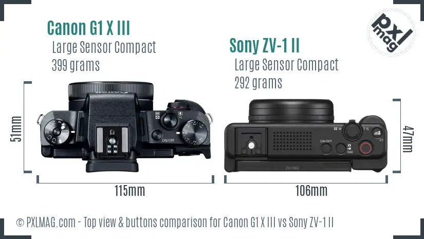 Canon G1 X III vs Sony ZV-1 II top view buttons comparison