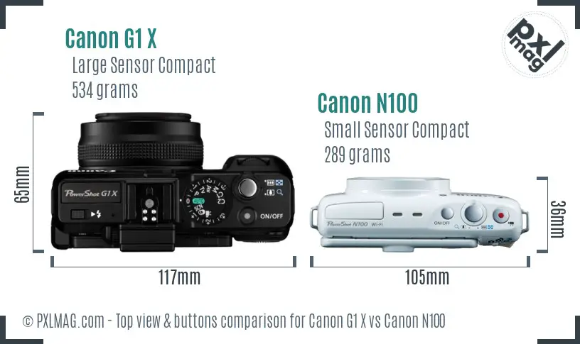 Canon G1 X vs Canon N100 top view buttons comparison