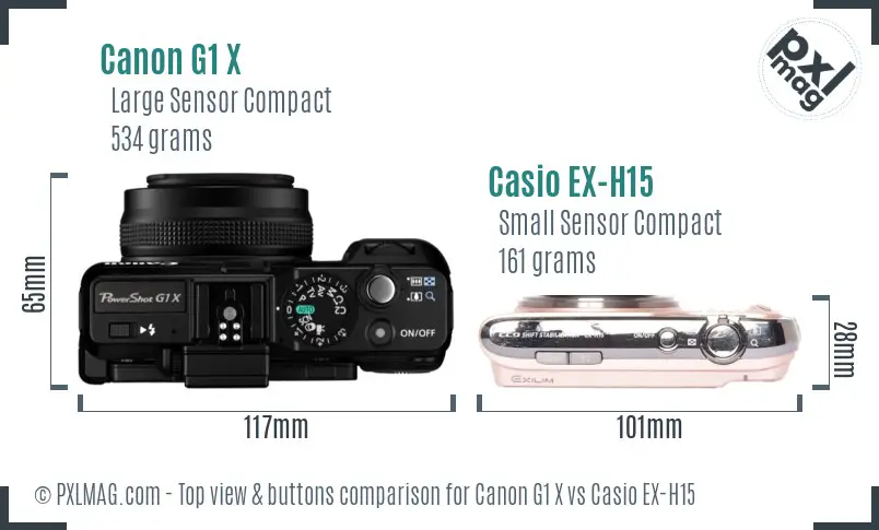Canon G1 X vs Casio EX-H15 top view buttons comparison