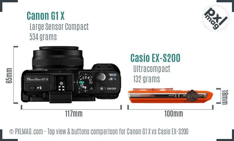 Canon G1 X vs Casio EX-S200 top view buttons comparison Canon G1 X vs Casio EX-S200 top view buttons comparison