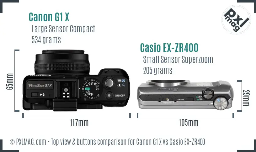 Canon G1 X vs Casio EX-ZR400 top view buttons comparison Canon G1 X vs Casio EX-ZR400 top view buttons comparison