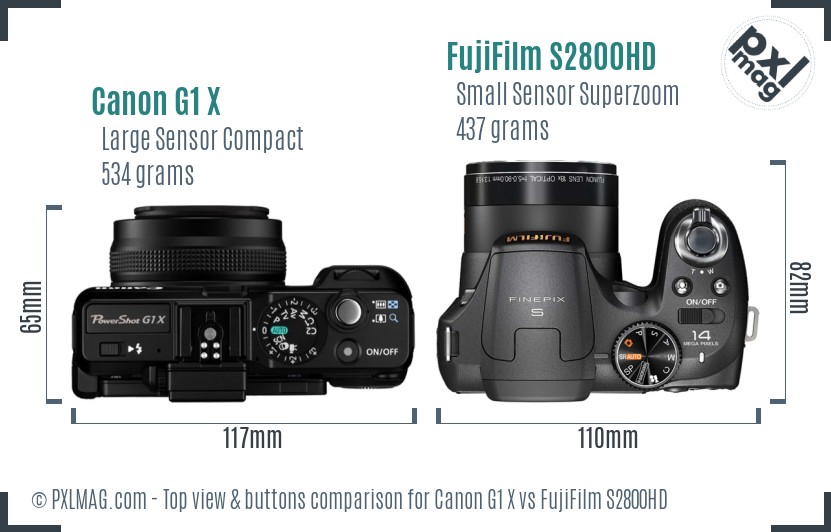 Canon G1 X vs FujiFilm S2800HD top view buttons comparison