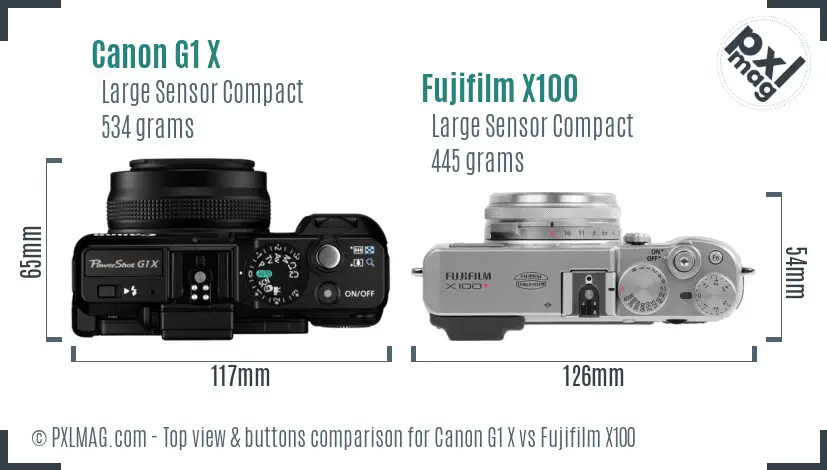 Canon G1 X vs Fujifilm X100 top view buttons comparison