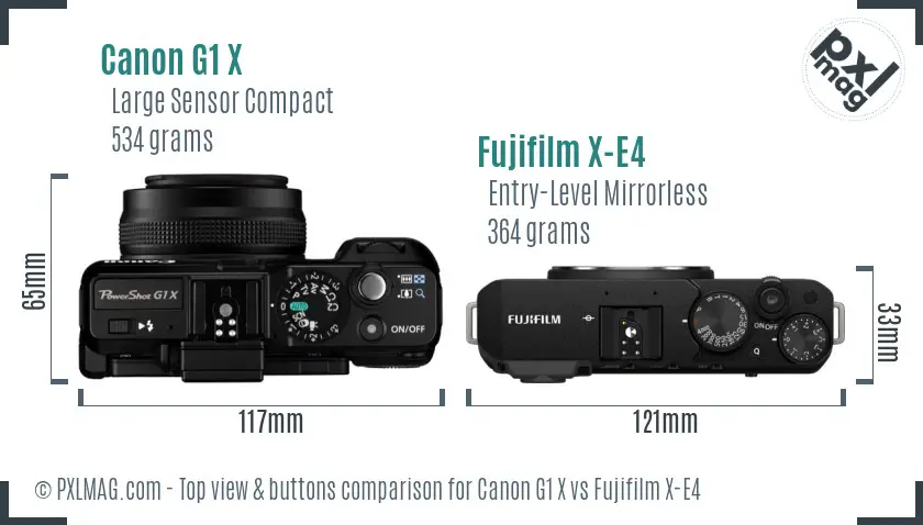 Canon G1 X vs Fujifilm X-E4 top view buttons comparison Canon G1 X vs Fujifilm X-E4 top view buttons comparison