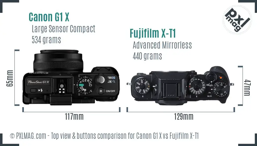 Canon G1 X vs Fujifilm X-T1 top view buttons comparison