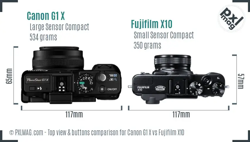 Canon G1 X vs Fujifilm X10 top view buttons comparison Canon G1 X vs Fujifilm X10 top view buttons comparison
