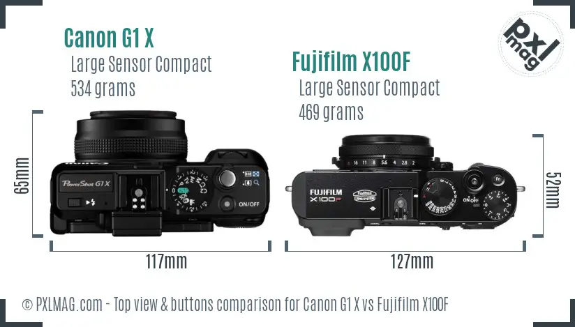 Canon G1 X vs Fujifilm X100F top view buttons comparison