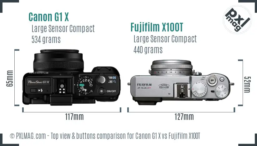 Canon G1 X vs Fujifilm X100T top view buttons comparison