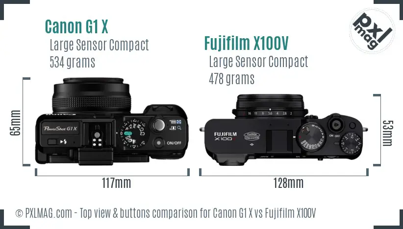 Canon G1 X vs Fujifilm X100V top view buttons comparison