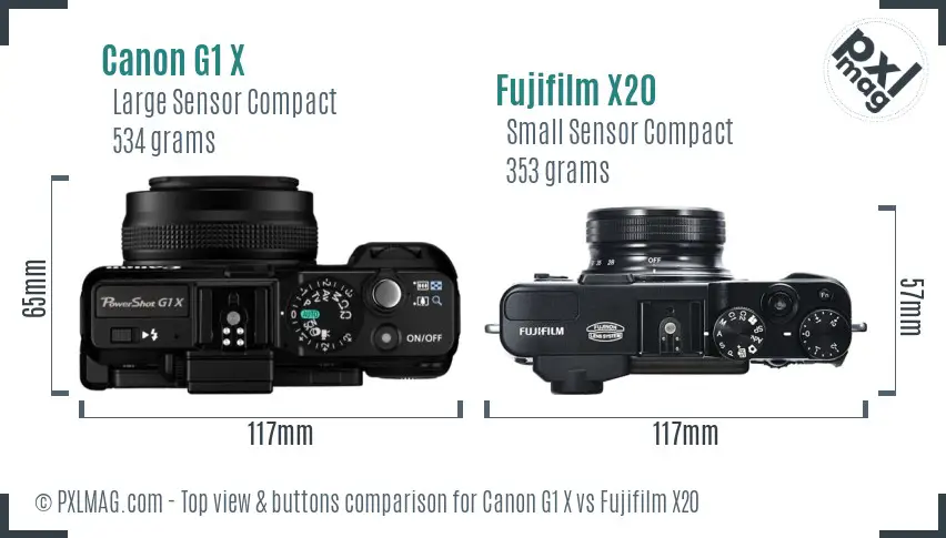 Canon G1 X vs Fujifilm X20 top view buttons comparison Canon G1 X vs Fujifilm X20 top view buttons comparison