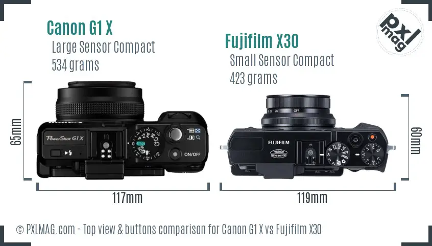 Canon G1 X vs Fujifilm X30 top view buttons comparison Canon G1 X vs Fujifilm X30 top view buttons comparison