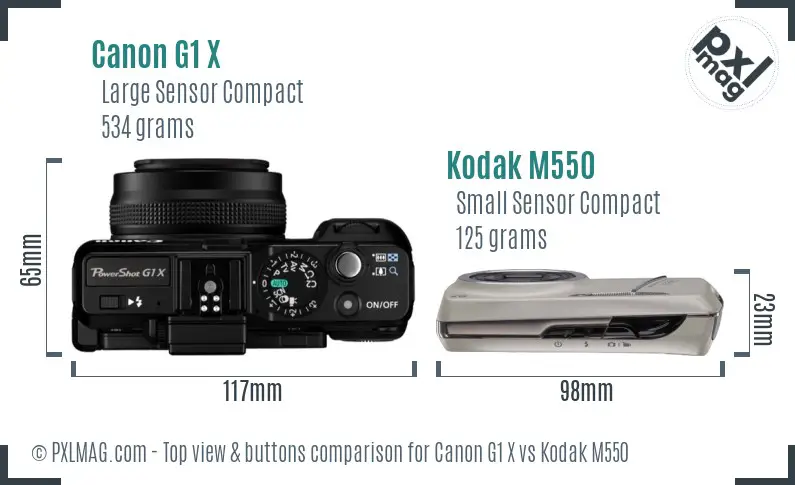 Canon G1 X vs Kodak M550 top view buttons comparison Canon G1 X vs Kodak M550 top view buttons comparison