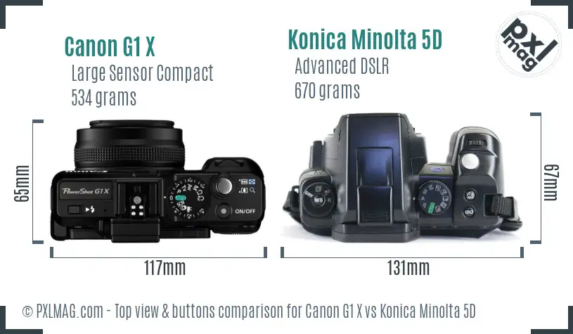Canon G1 X vs Konica Minolta 5D top view buttons comparison Canon G1 X vs Konica Minolta 5D top view buttons comparison