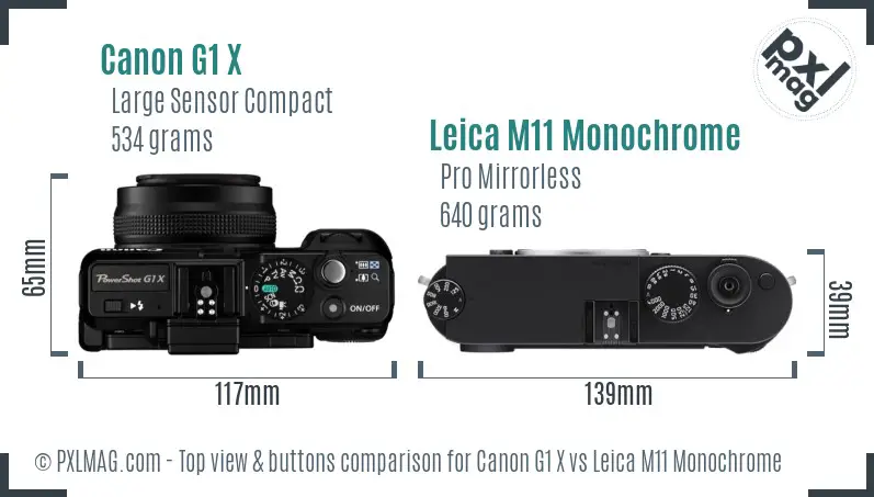 Canon G1 X vs Leica M11 Monochrome top view buttons comparison Canon G1 X vs Leica M11 Monochrome top view buttons comparison