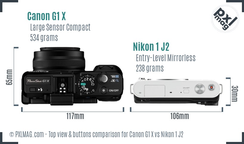 Canon G1 X vs Nikon 1 J2 top view buttons comparison