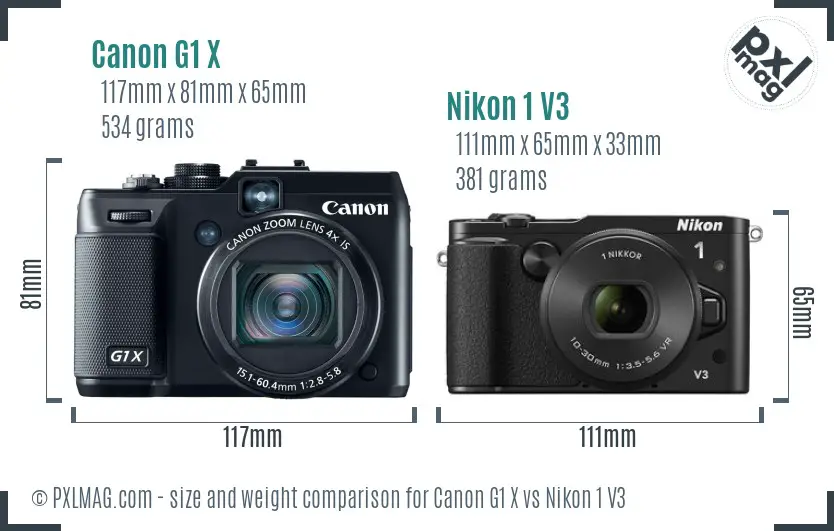 Canon G1 X vs Nikon 1 V3 size comparison Canon G1 X vs Nikon 1 V3 size comparison