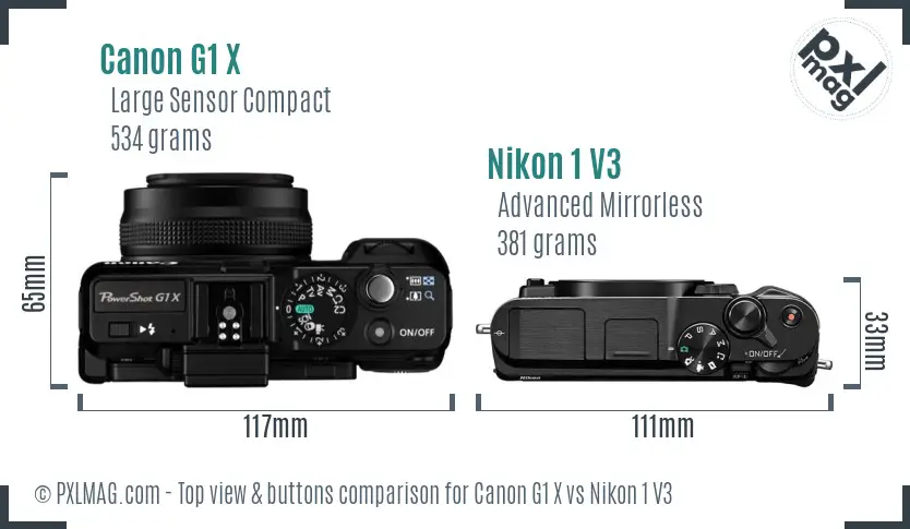 Canon G1 X vs Nikon 1 V3 top view buttons comparison Canon G1 X vs Nikon 1 V3 top view buttons comparison