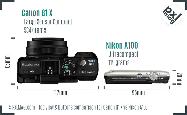 Canon G1 X vs Nikon A100 top view buttons comparison Canon G1 X vs Nikon A100 top view buttons comparison