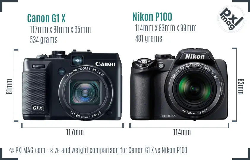 Canon G1 X vs Nikon P100 size comparison Canon G1 X vs Nikon P100 size comparison
