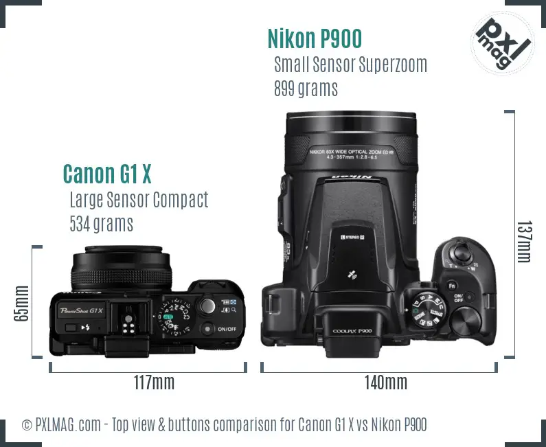 Canon G1 X vs Nikon P900 top view buttons comparison Canon G1 X vs Nikon P900 top view buttons comparison