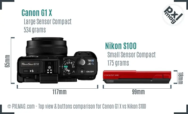 Canon G1 X vs Nikon S100 top view buttons comparison