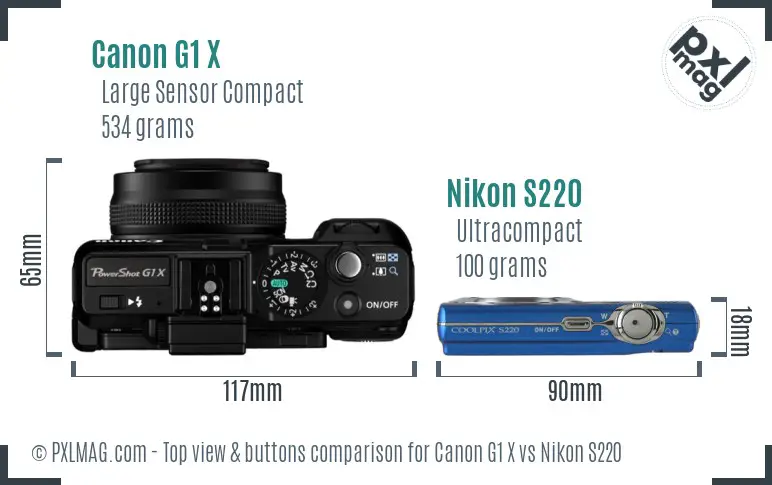 Canon G1 X vs Nikon S220 top view buttons comparison Canon G1 X vs Nikon S220 top view buttons comparison