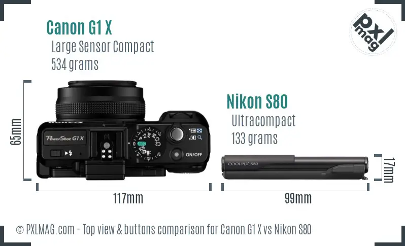 Canon G1 X vs Nikon S80 top view buttons comparison Canon G1 X vs Nikon S80 top view buttons comparison
