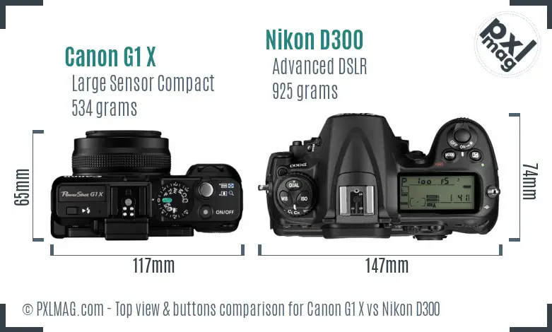 Canon G1 X vs Nikon D300 top view buttons comparison Canon G1 X vs Nikon D300 top view buttons comparison