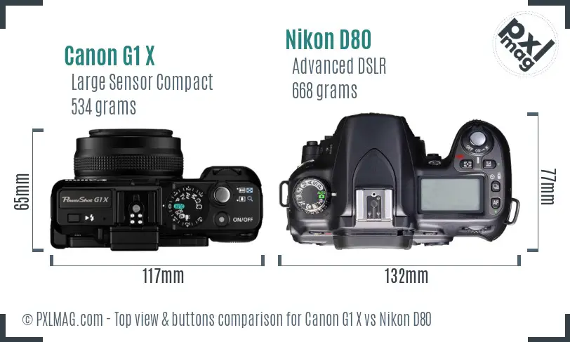 Canon G1 X vs Nikon D80 top view buttons comparison