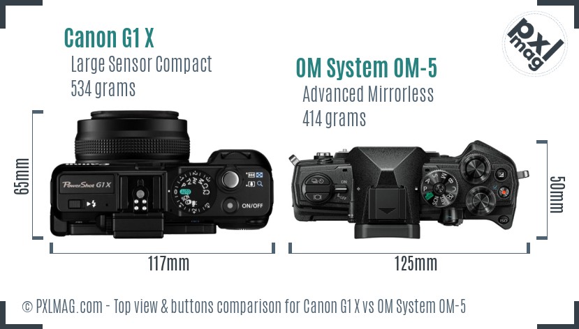 Canon G1 X vs OM System OM-5 top view buttons comparison