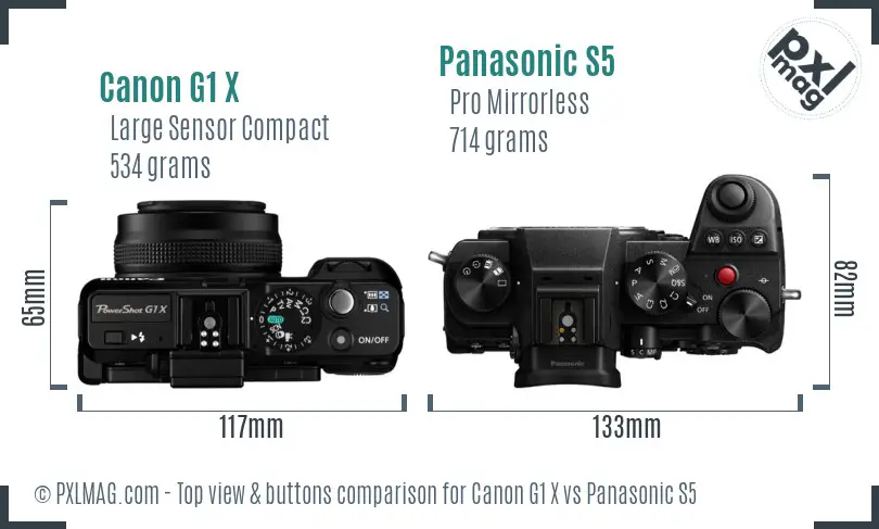 Canon G1 X vs Panasonic S5 top view buttons comparison Canon G1 X vs Panasonic S5 top view buttons comparison