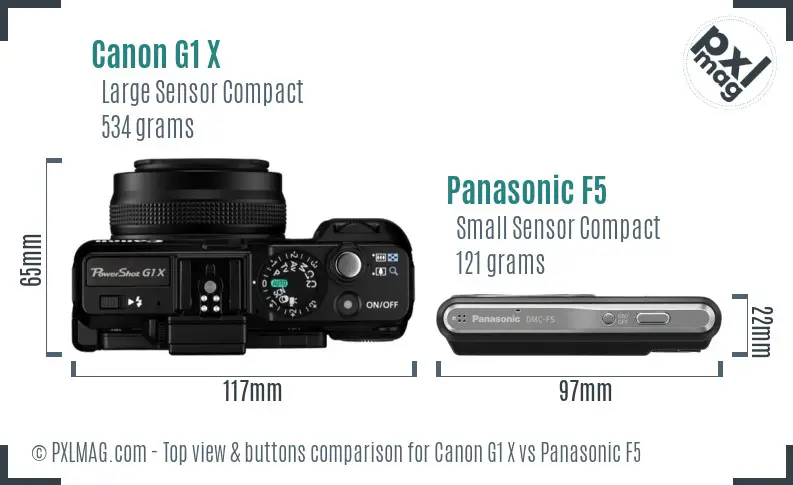 Canon G1 X vs Panasonic F5 top view buttons comparison Canon G1 X vs Panasonic F5 top view buttons comparison