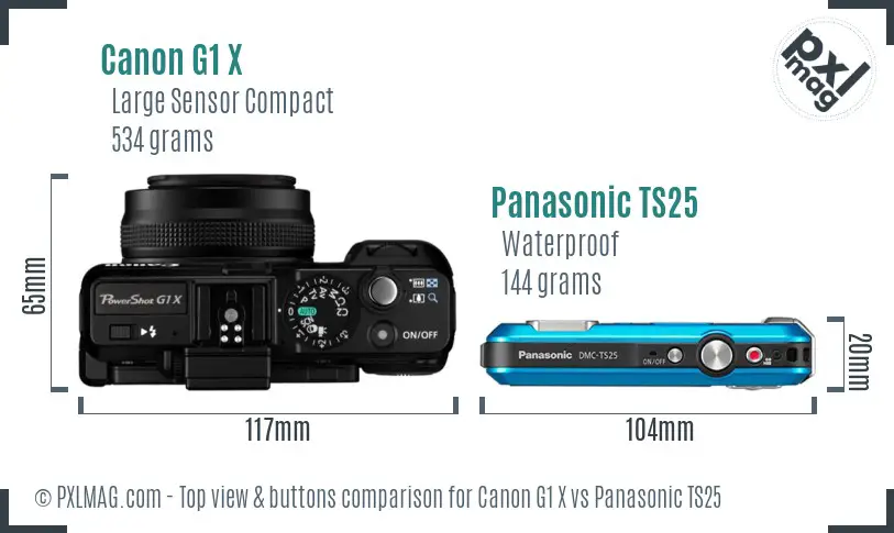 Canon G1 X vs Panasonic TS25 top view buttons comparison Canon G1 X vs Panasonic TS25 top view buttons comparison