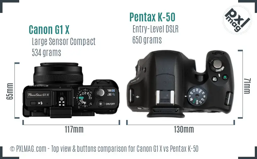 Canon G1 X vs Pentax K-50 top view buttons comparison Canon G1 X vs Pentax K-50 top view buttons comparison