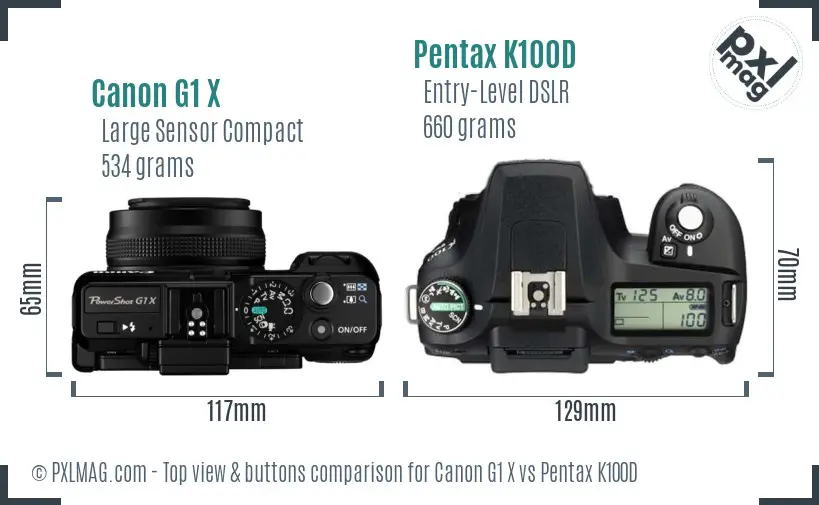 Canon G1 X vs Pentax K100D top view buttons comparison