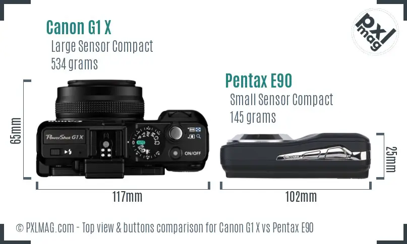 Canon G1 X vs Pentax E90 top view buttons comparison