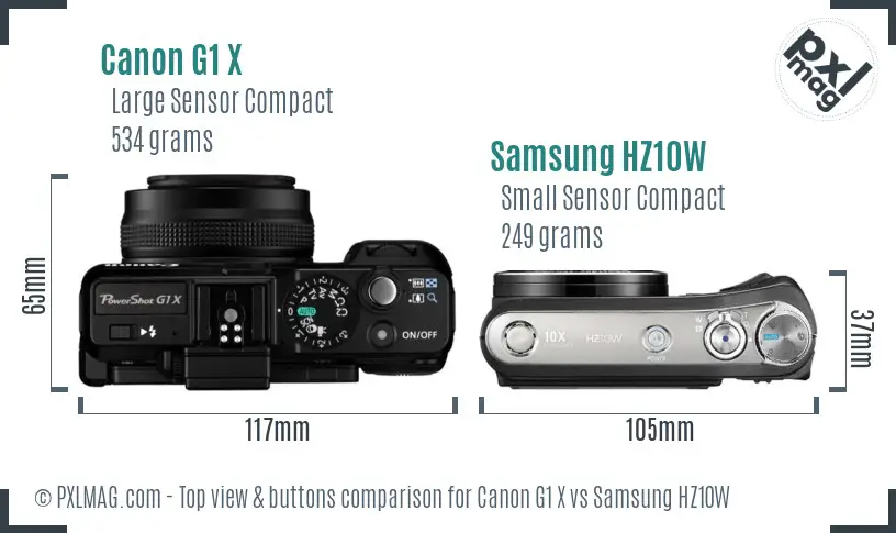 Canon G1 X vs Samsung HZ10W top view buttons comparison