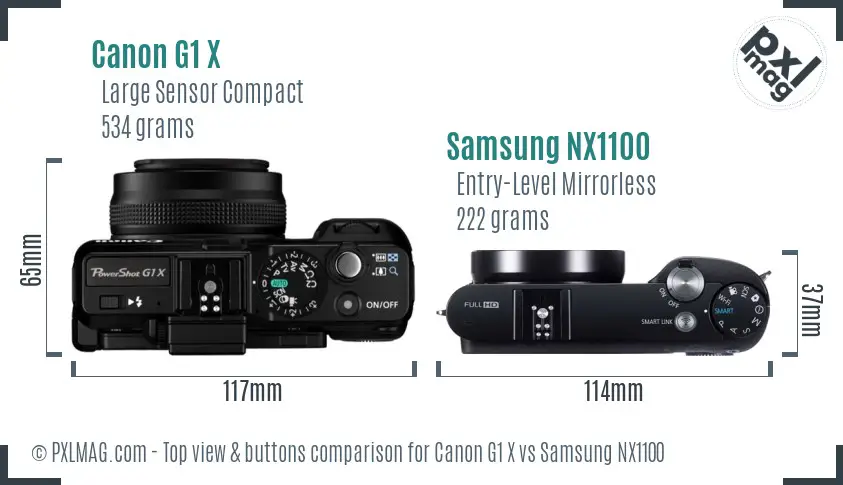 Canon G1 X vs Samsung NX1100 top view buttons comparison Canon G1 X vs Samsung NX1100 top view buttons comparison