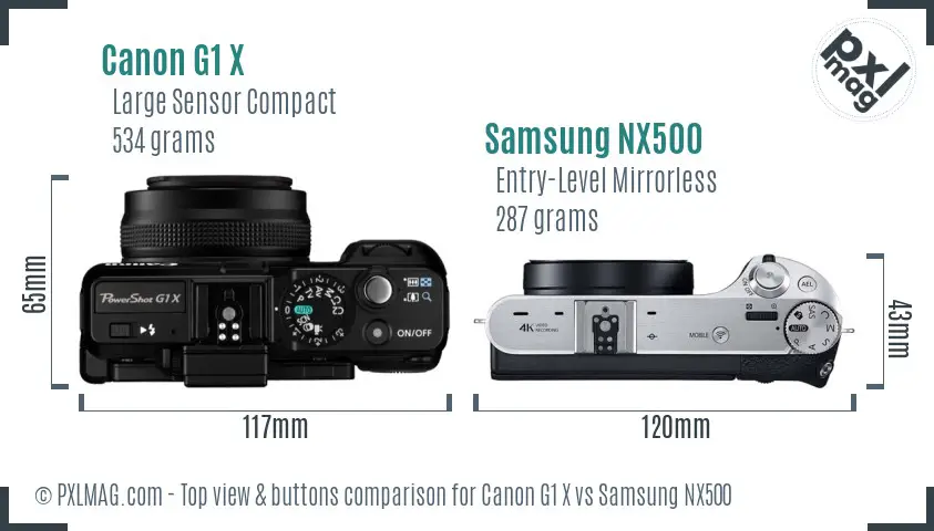 Canon G1 X vs Samsung NX500 top view buttons comparison Canon G1 X vs Samsung NX500 top view buttons comparison