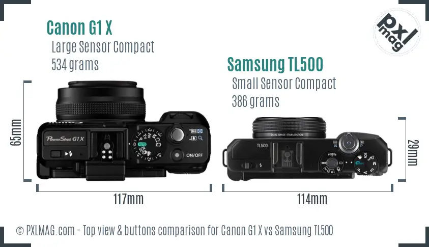 Canon G1 X vs Samsung TL500 top view buttons comparison