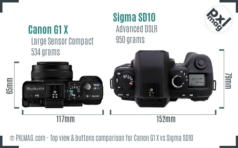 Canon G1 X vs Sigma SD10 top view buttons comparison