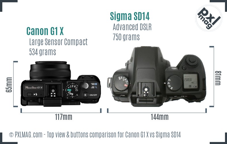 Canon G1 X vs Sigma SD14 top view buttons comparison