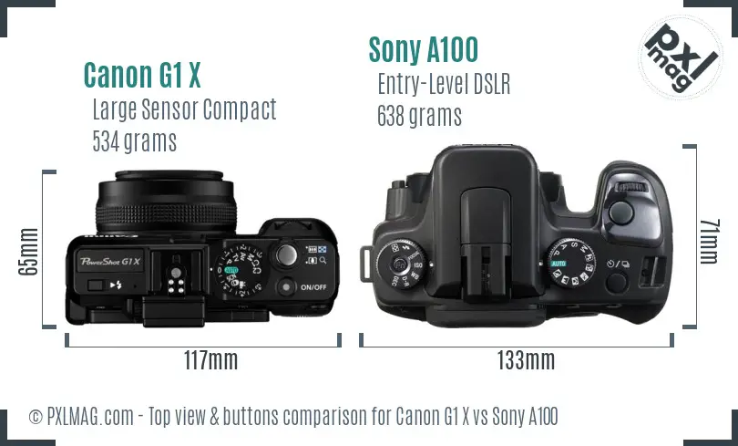 Canon G1 X vs Sony A100 top view buttons comparison Canon G1 X vs Sony A100 top view buttons comparison