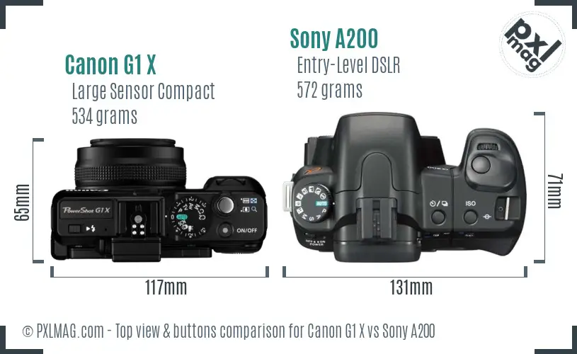 Canon G1 X vs Sony A200 top view buttons comparison Canon G1 X vs Sony A200 top view buttons comparison