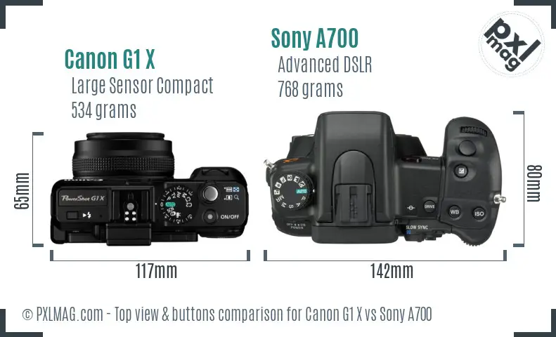 Canon G1 X vs Sony A700 top view buttons comparison Canon G1 X vs Sony A700 top view buttons comparison