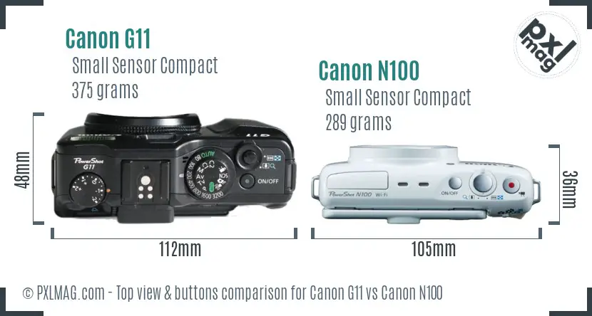 Canon G11 vs Canon N100 top view buttons comparison
