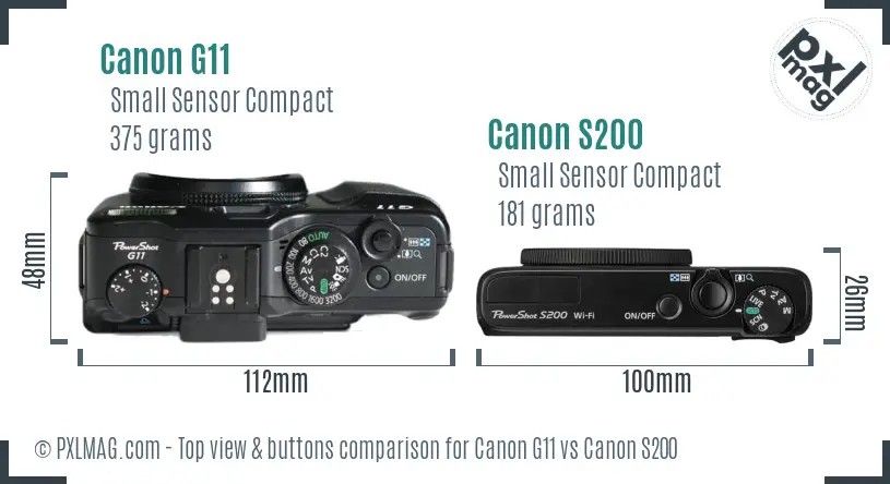 Canon G11 vs Canon S200 top view buttons comparison