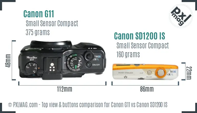 Canon G11 vs Canon SD1200 IS top view buttons comparison